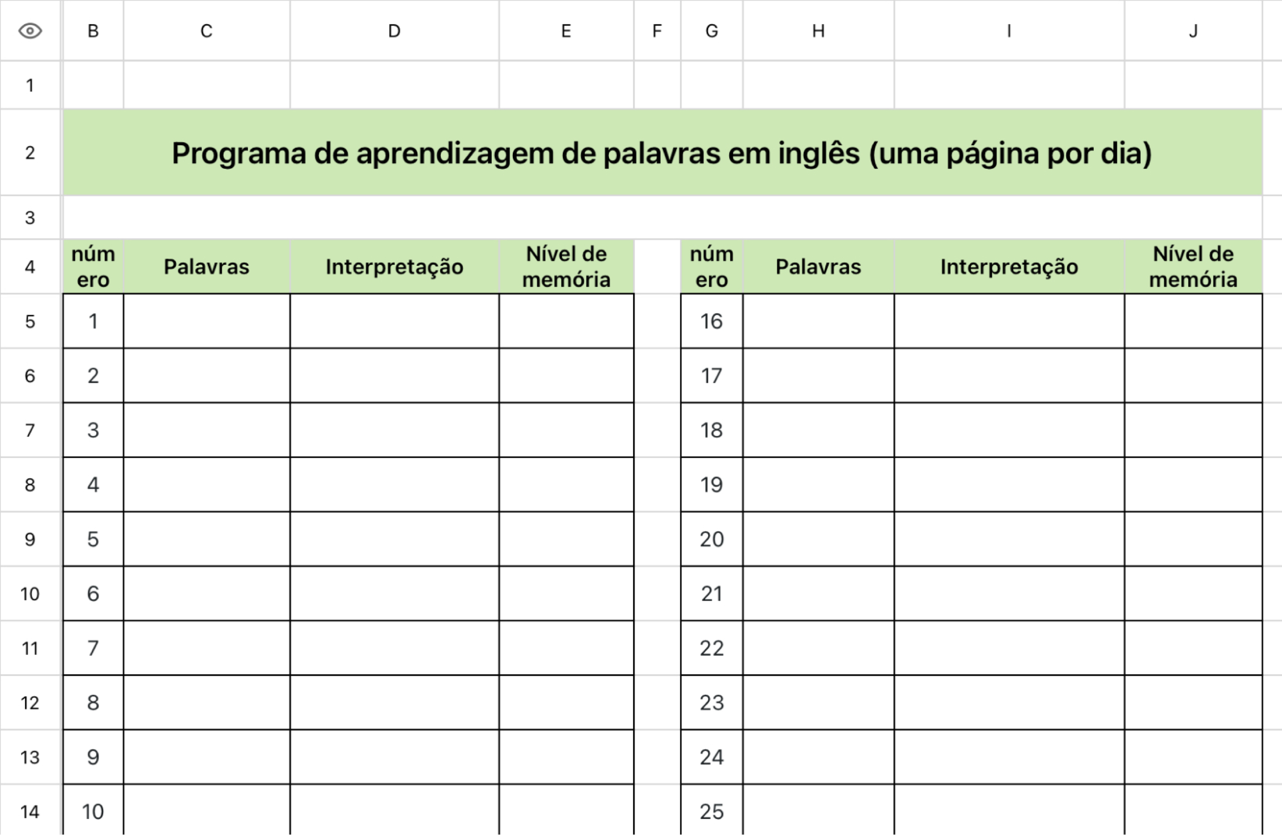 Tabela de aprendizado de palavras em inglês